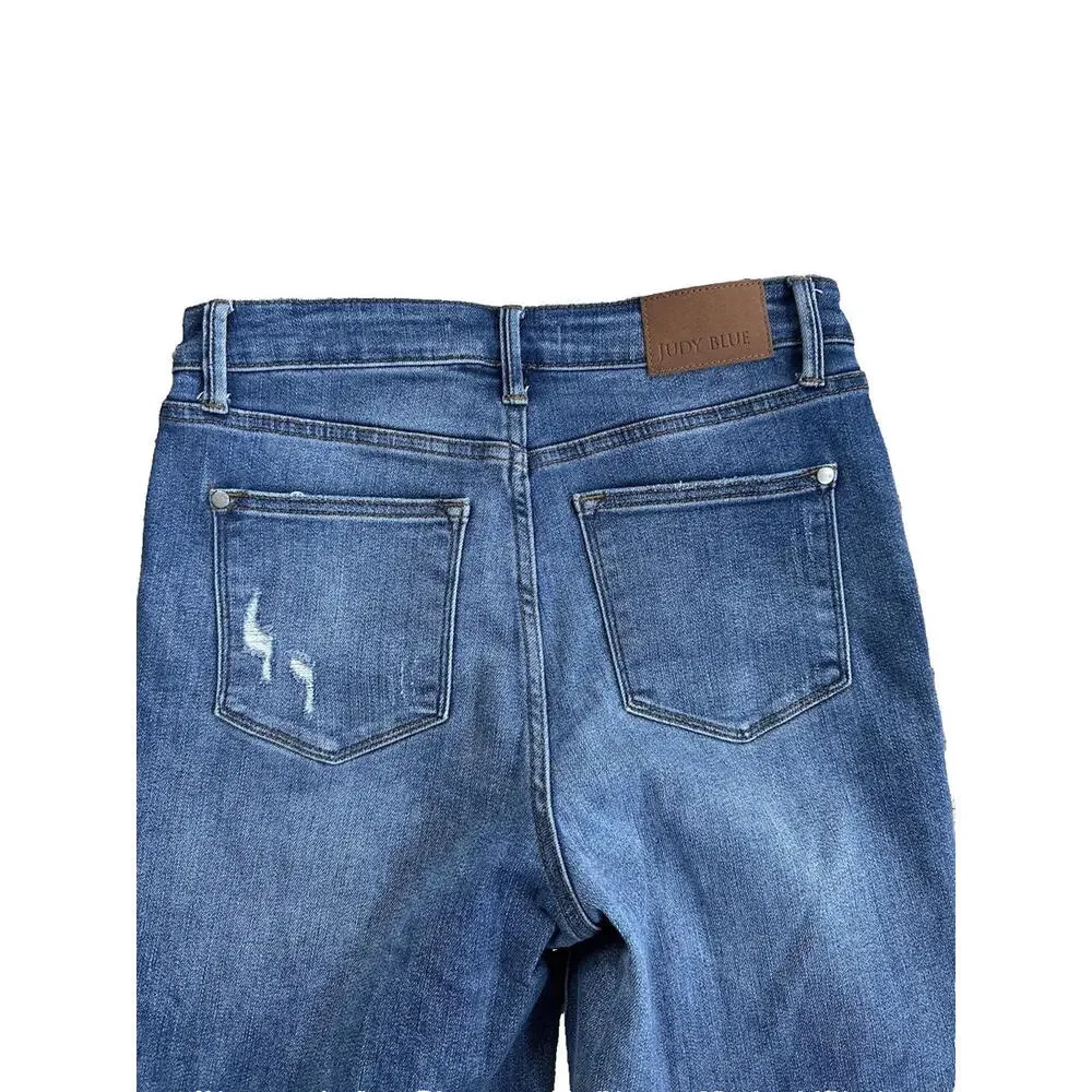 Judy Blue Womens 7/28 Jeans 90's Straight Raw Hem Distressed Stretch Medium Wash - Picture 4 of 7